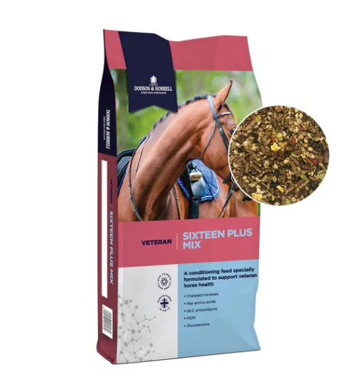D&H Sixteen Plus Mix - 20 kg påse med en närbild av hästfoderblandningen.