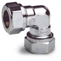 KLÄM-KOPPL 12 VINKEL SB FK BÅREBO förkromad rörböj med sexkantsmuttrar i båda ändar.