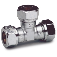 KLÄM-KOPPL 12 T-RÖR SB FK BÅREBO: T-koppling av metall med tre gängade ändar.