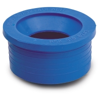 Blå plastgenomföring eller bussning med bred kant och räfflad cylindrisk kropp.