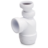 Rörlås av vit plast med gängade anslutningar mot en slät bakgrund.