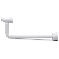 VVS-rör av vit plast med ventil och vinkelförband i ena änden, isolerat på vit botten.