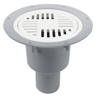 Rund golvbrunn med vitt slitsat lock och grå botten.