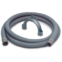 Upprullad grå avloppsslang för tvättmaskin med ett U-format fäste i plast.