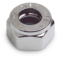 HALVKOPPLING 15XR15 SB BÅREBO: blank sexkantig metallmutter med graverad text på ovansidan.