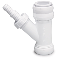 Y-formad VVS-rörkoppling i vit plast med gängade ändar och räfflad anslutning.