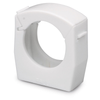 RÖRKLAMMER 40 ÖVERFALL SB 2P BÅREBO, vit plastdispenser med mittcirkelformad öppning.