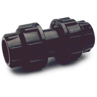 Svart rörkoppling av plast med gängade ändar, isolerad mot vit bakgrund.