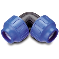 Blå plaströrskoppling med två gängade ändar, används för VVS eller bevattning.