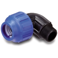 Rörkoppling av plast med blå gängad kåpa och svart vinklad anslutning.