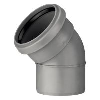 Armbågsanslutning för grå plaströr med 45 graders böjning.