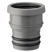 ERSÄTTNINGSMUFF HT 110 grå plaströrsarmatur med gummitätningar, mot en vit bakgrund.