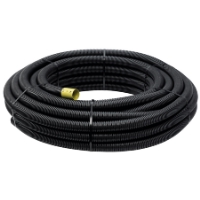 Upprullat svart korrugerat rör med en gul försluten ände.