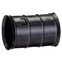 Svart rörkoppling av plast med räfflor och en slät cylindrisk form.