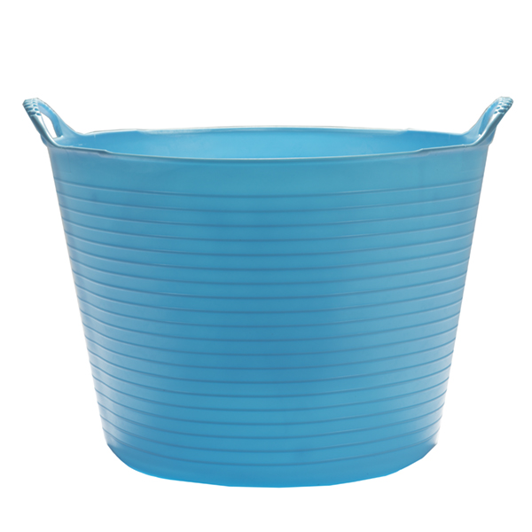 Flexikorg LARGE 38L LJUSBLÅ: blå flexibel plastbalja med handtag, mot vit bakgrund.
