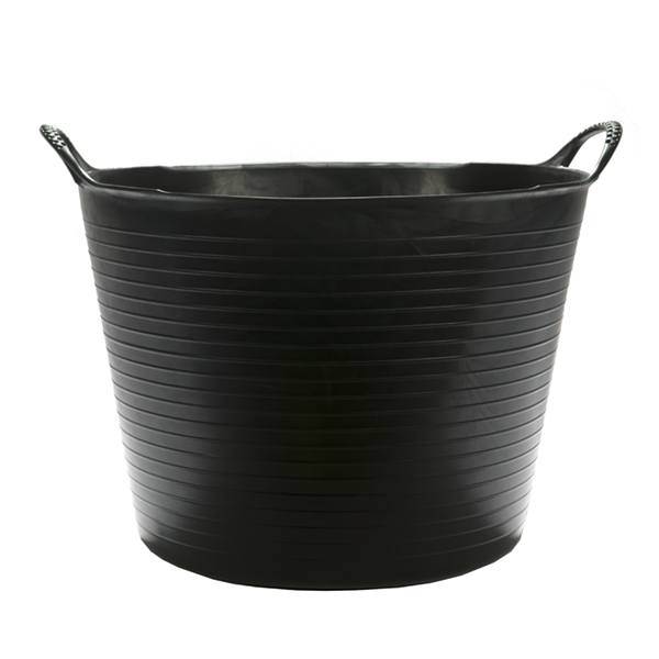 Flexikorg LARGE 38L SVART, svart flexibel hink med sidohandtag, på vit bakgrund.