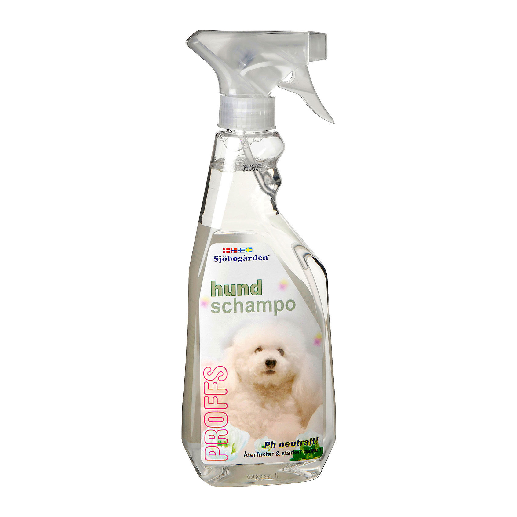 Sjöbogårdens Hundschampo 500ml sprayflaska med vit hundbild och svensk etikett.