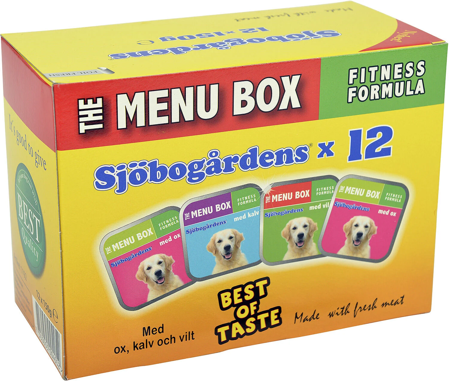 Menybox pate hund 12 p med bilder av en golden retriever och färgglada hundmatspaket.