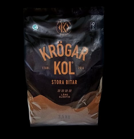 Krögarkol 3,5kg kolpåse med orange & vit text på svart förpackning.