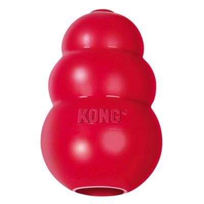 KONG Classic Medium: konformad hundleksak i rött gummi med ihåligt centrum.