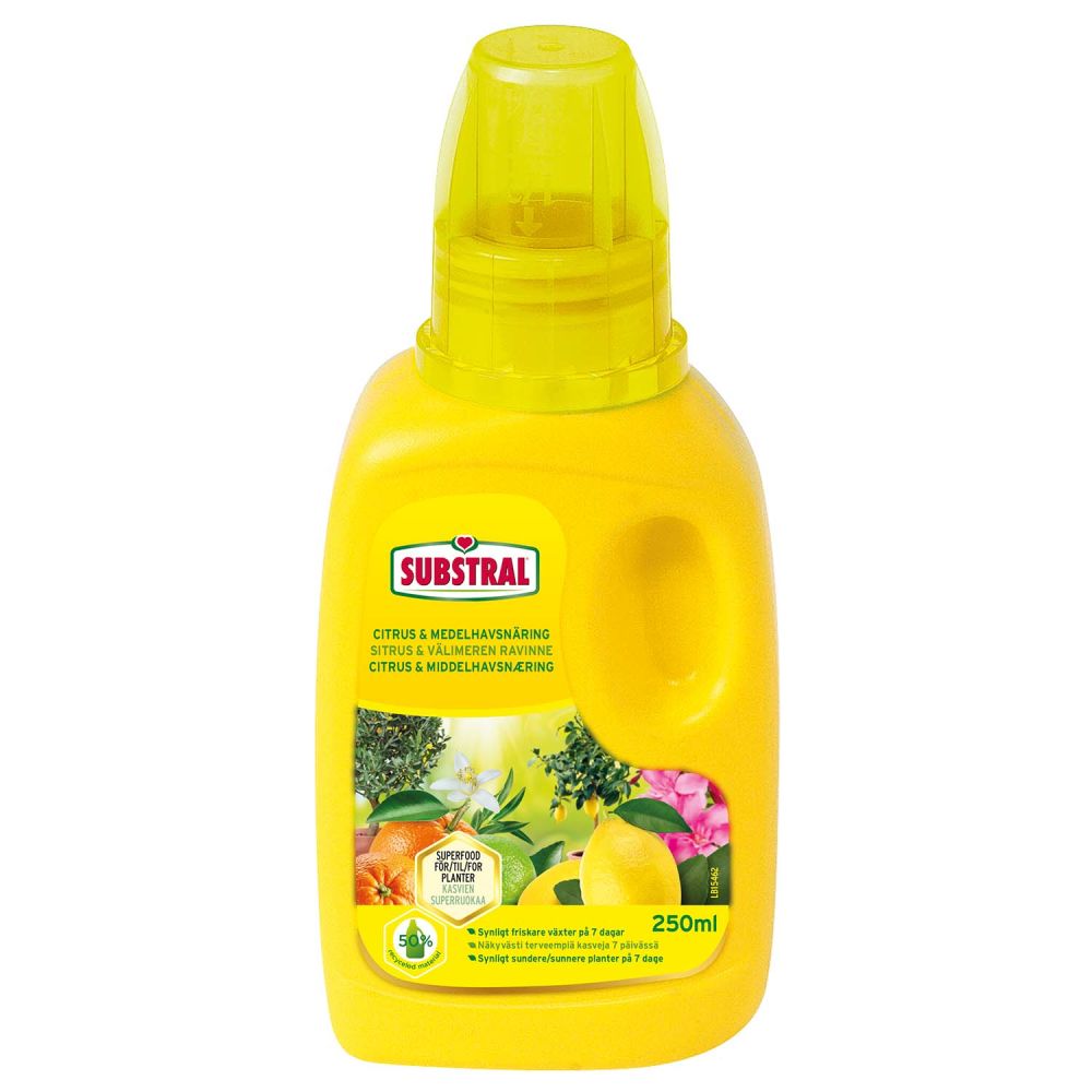 Citrus-&medelhavsnäring 250ml flaska med fruktbilder.