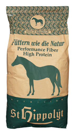 Påse med St Hippolyt hästfoder med hästsilhuett och tysk text på framsidan.