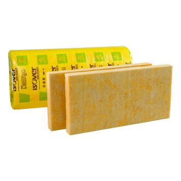 Två ISOVER UNI-skiva 35 isoleringsskivor i gult, med plastförpackning.