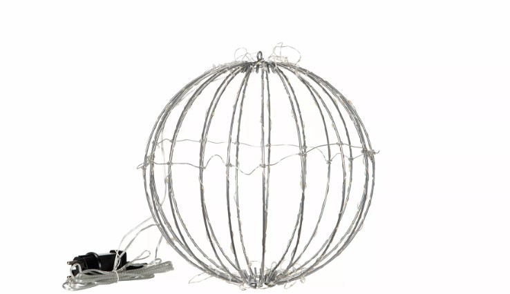 Ledboll Varmvit/Timer EL, 30cm, sfärisk ram med ljusslingor, stickpropp, vit bakgrund.