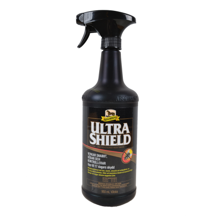 Svart sprayflaska märkt Absorbine Ultrashield insektsmedel för hästar, 946 ml.
