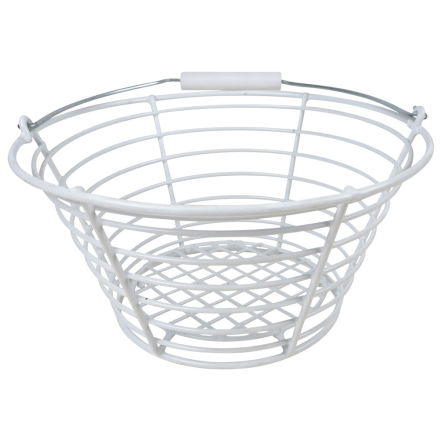 Äggkorg vit trådkorg med metallhandtag och öppet rutmönster, sedd uppifrån.