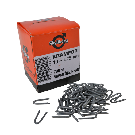 Låda med Krampa varmförzinkad 19 x 1,75 mm häftklammer med metallklammer framtill.