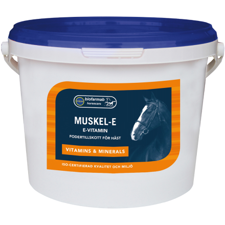 Muskel-E 1,8 kg: Vit burk med blått lock, vitamin- och mineraltillskott för hästar.
