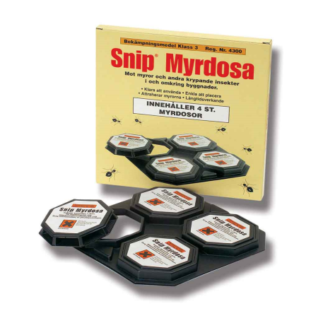 En förpackning SNIP MYRDOSA 4ST/FP myrfällor med fyra fällor framtill.