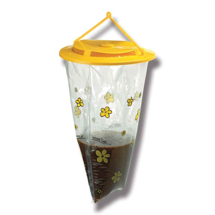 Fly-City getingfångare: genomskinlig hängande påse med gul topp, vätska och gul blomdesign.