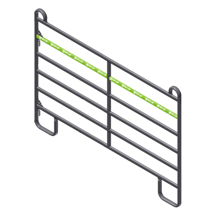 GRIND MED FOTBÅGE svart grindpanel med sex stänger och ett grönt diagonalt säkerhetsspänne.