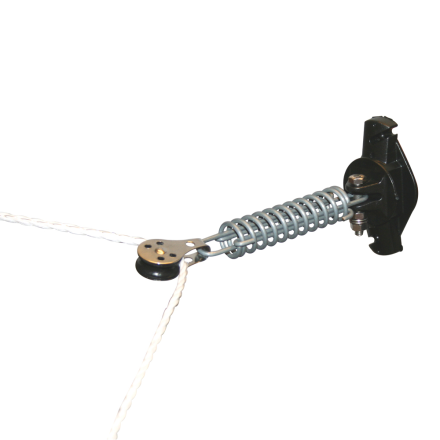 Komplett hörn Pro+ elektrisk grindfjäder för staket med svart handtag och vitt rep.