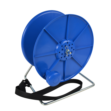 VINDA för ca 2000 m tråd eller 1000 m band, blå plastrulle med svart band på metallstativ.