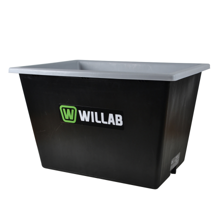 Ett svart plastkar VÄRMEBALJA REKTANGULÄR 60 L med grå kant och logotyp på framsidan.