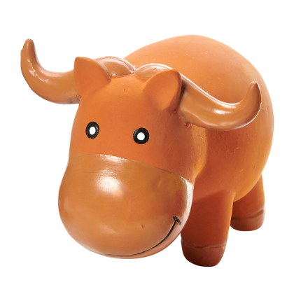 TJUR LATEX orange leksaksko med horn, stora ögon och ett leende ansikte mot en vit bakgrund.