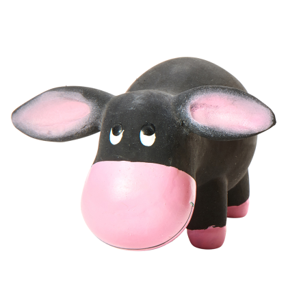 ÅSNA LATEX leksaksapa: svart kropp, stor rosa nos, stora öron med rosa accenter.