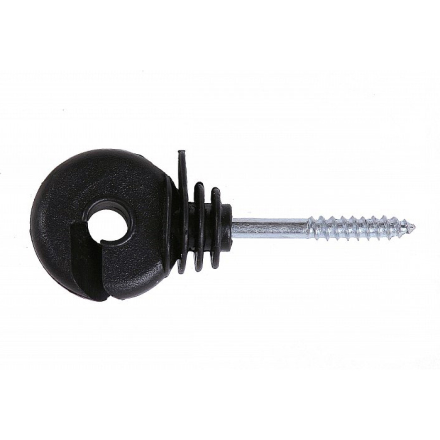 Ringisolator + m järnkärna, svart plast, för trästolpar, 150 st/fp, sido vy.