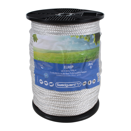 En rulle Elrep Pro+ 5 mm vit lina, 300 m, med blågrön etikett runt mitten.