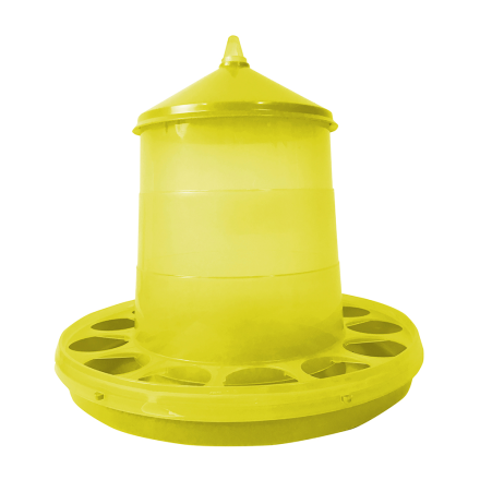 En gul Foderautomat 8 kg plastbehållare med kon.
