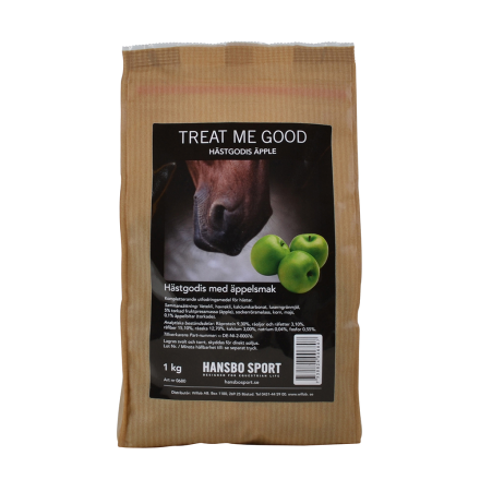 En 1 kg brun påse med TREAT ME GOOD-HÄSTGODIS ÄPPLE med en häst och gröna äpplen.