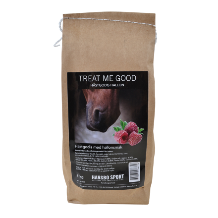 Brun 1 kg påse med TREAT ME GOOD-HÄSTGODIS HALLON hästgodis med hallon på etiketten.