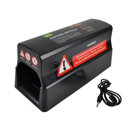 RÅTTFÄLLA WILLAB ELEKTRISK svart elektrisk råttfälla med varningsetiketter och nätsladd.