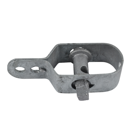 TRÅDSPÄNNARE + stängselsträckare av metall med centralbult och fästhål, på vit bakgrund.