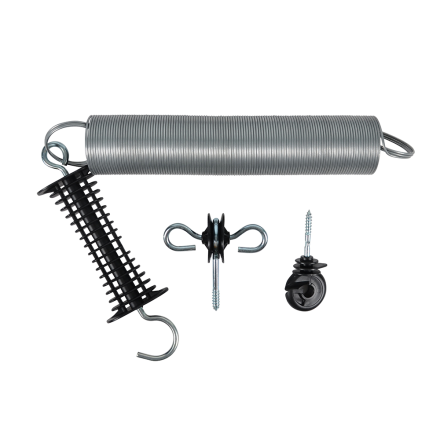 FJÄDERGRIND KIT: Metallfjäder, svart handtag med krok och två isolatorer på vit bakgrund.