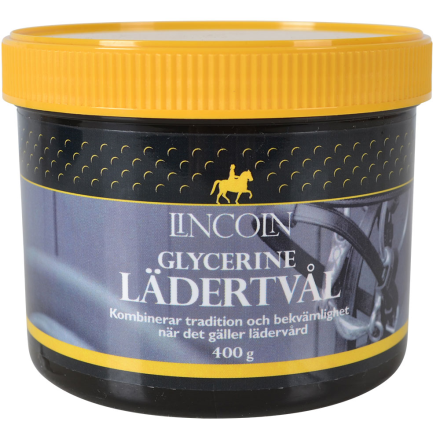 En 400 g tub GLYCERINE LÄDERTVÅL LINCOLN med gult lock, märkt på svenska.