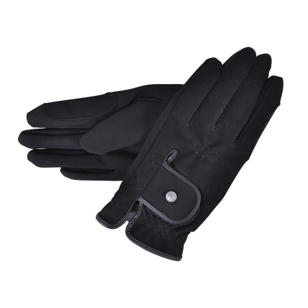 RIDHANDSKE I SMIDIGT KONSTLÄDER: svarta handskar med en knappdetalj på handleden.